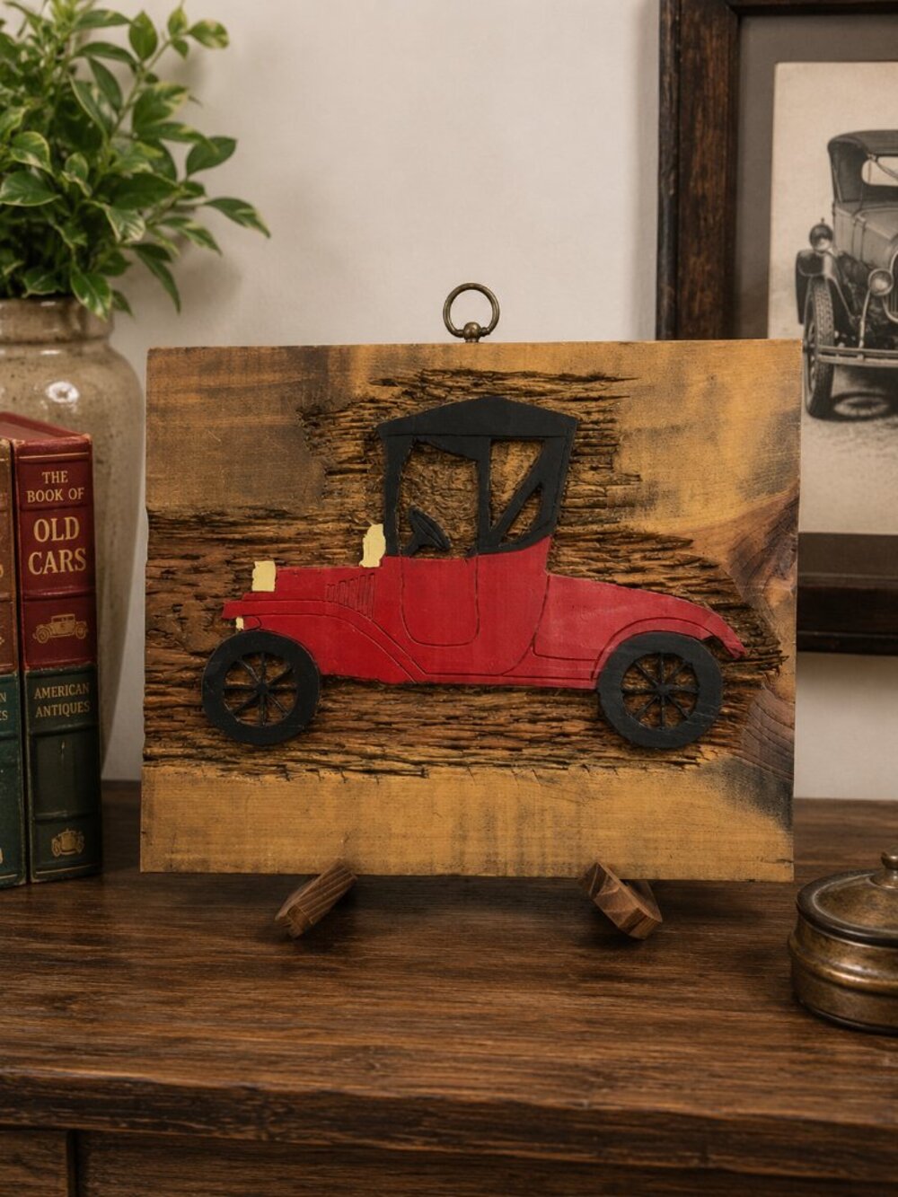Vintage Hand Carved Rustic Wood Red Antique Car Wall Plaque Folk Art Decor 13x11